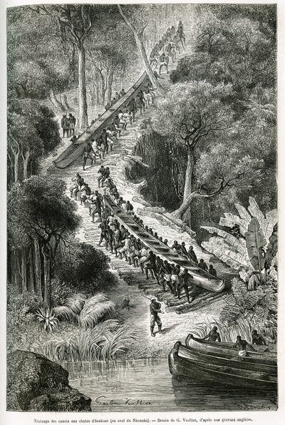 Canoas de arrasto em Innkissi Falls (ou Livingstone Falls) (Congo), sob a direcção de Sir H.M.Stanley (1841-1904), desenho de G.Vuillier, para ilustrar a história "Through the Mysterious Continent", uma viagem feita entre 1874-1877, por Sir H.M.Stanley. E de Gaston Vuillier