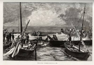 Pesca do atum (mattanza): a câmara da morte, prensas de atum num espaço apertado são cobertas pelos arpões dos pescadores. Gravura e história "La Sardaigne" de Gaston Vuillier (1845-1915), em 1890, em Le tour du monde, nouveau journal des voyages, under t de Gaston Vuillier