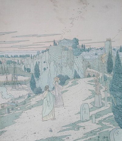 Ulisses encontra a deusa Minerva disfarçada de menina com um jarro, ilustração do Livro 6 da Odisséia, traduzido por Lecomte de l