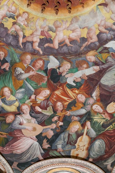 Detalhe da Assunção de Nossa Senhora, conhecida como "O coro de anjos tocando música", Cúpula do transepto, de 1534 (fresco) de Gaudenzio Ferrari