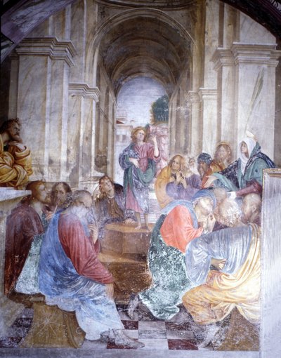 Discussão de Jesus com os médicos no Templo. Fresco por Gaudenzio Ferrari (1475 - 1546), Igreja de Santa Maria delle Grazie, Varallo. de Gaudenzio Ferrari
