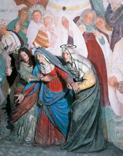 Estátuas de mulheres santas seguindo Cristo, detalhe da Crucificação de Gaudenzio Ferrari (1475-1546), Capela XXXVIII, Monte Sagrado de Varallo Sesia (Lista do Patrimônio Mundial da UNESCO, 2003), Itália de Gaudenzio Ferrari