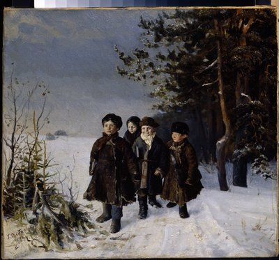 Regresso da escola - Pintura de Gavriil Fyodorovich Rybakov (1859-?), óleo sobre tela de Gavriil Fyodorovich Rybakov