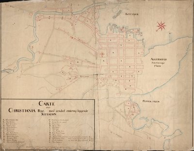 Norsk bokmål: Mapa da colecção de mapas da Biblioteca Nacional. O mapa foi publicado em Handtegnet (1649) e mostra a Christiania. de Geelkerck