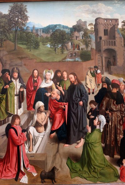 Holandês:  De opwekking van Lazarus A Ressurreição de Lázaro com um casal de dadores e a sua filha de Geertgen Tot sint Jans