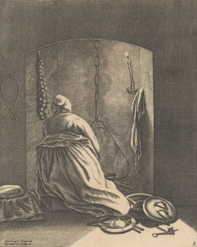 Uma Mulher Cozinhando, Placa 3 de Cinco Ocupações Femininas, c. 1640-57., c. 1640-57. de Geertruydt Roghman