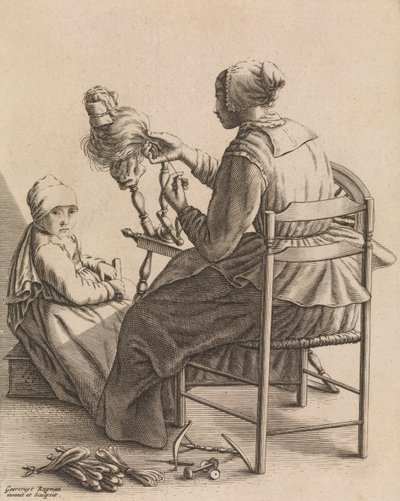 Uma Mulher Fiando, Placa 4 de Cinco Ocupações Femininas, ca. 1640-57. de Geertruydt Roghman