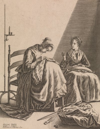 Duas Mulheres Costurando, Placa 1 de Cinco Ocupações Femininas, ca. 1640-57. de Geertruydt Roghman