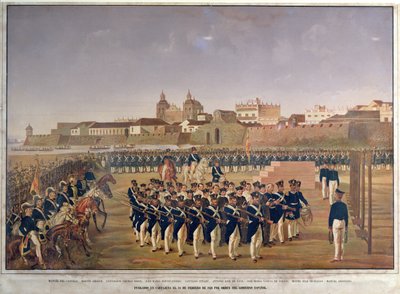 O tiro de Pantaleon German de Ribon e seus 8 companheiros em Cartagena em 24 de fevereiro de 1816 (gravura colorida) de Generoso Jaspe