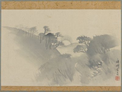 Paisagem com colina, árvores e nascer da lua, período Edo, 1747-1868. de Genki