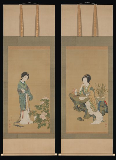 Yanji com orquídeas e Yang Guifei com peônias, 1785. de Genki