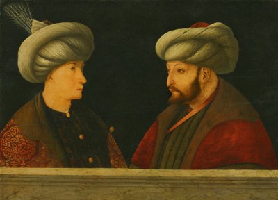 Retrato do Sultão Mehmed II (1432-81) com um jovem dignitário (óleo sobre madeira) de Gentile (school of) Bellini
