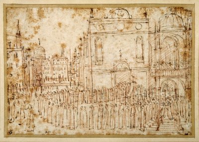 Uma procissão veneziana passando de uma scuola para uma igreja de apoio (caneta e tinta sobre giz sobre papel) de Gentile Bellini