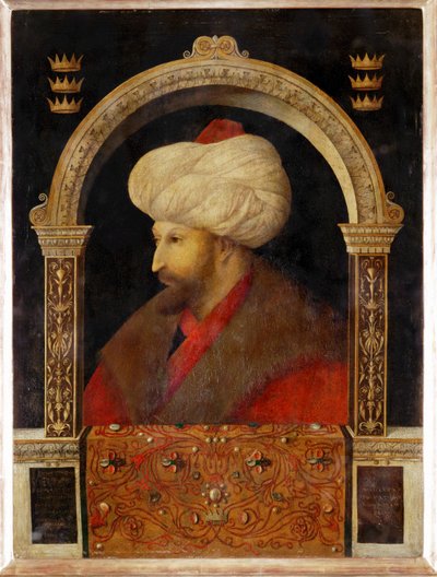 Sultão Mehmet II Fahti, O Conquistador, o Sultão da Conquista de Constantinopla ... (óleo sobre tela) de Gentile Bellini