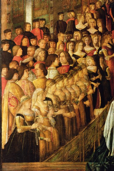 O milagre da cruz na ponte de San Lorenzo, detalhe de Caterina Cornaro 1454-1510 e suas senhoras, 1500 óleo sobre tela detalhe de 58302 de Gentile Bellini