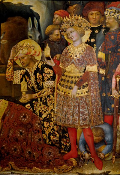 Altarpiece of the Adoration of the Magi (Pala Strozzi) Detalhe representando dois reis. Pintura de Gentile da Fabriano (Gentile di Niccolo) (1370-1427) 1423 Sol. 173x220 cm. Tempera sobre madeira. Florença, Galleria degli Uffizi (Uffizi) de Gentile da Fabriano