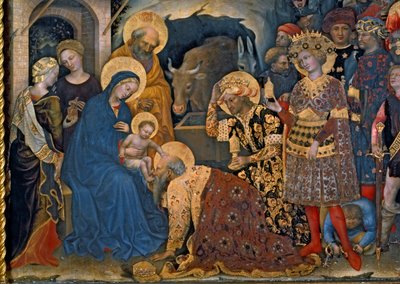 A Adoração dos Magos, detalhe de Virgem e Criança com três reis, 1423 têmpera sobre painel de Gentile da Fabriano