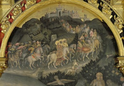 A adoração dos Magos detalhe da jornada a Jerusalém, temperada em 1423 no painel detalhe de 29414 de Gentile da Fabriano