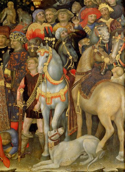 A Adoração dos Magos, detalhe dos cavaleiros, cavalos e cachorro, 1423 têmpera no painel de Gentile da Fabriano