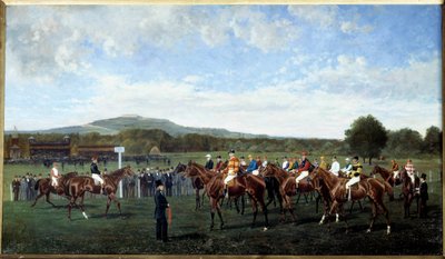 Partida em Longchamp dada pelo Barão Foy em 1877 Montando os cavalos no início de uma corrida na pista de corrida. Pintura de Geo Arnull (século XIX) 1877. Paris, encorajamento da Sociedade de Geo Arnull