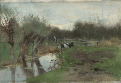 Pasto com uma vaca deitada perto de uma vala de Geo Poggenbeek