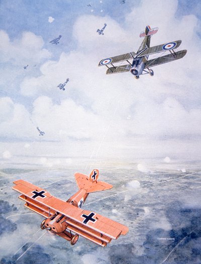 O último voo do Capitão Barão von Richthofen, c.1920 (cor litho) de Geoffrey (after) Watson