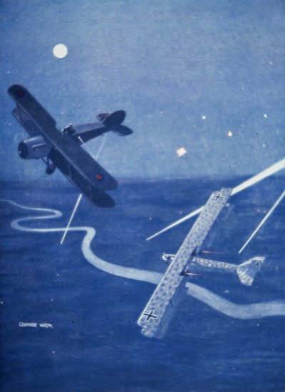 Caça Bristol ataca bombardeiro alemão Gotha sobre Londres à noite (lito colorido) de Geoffrey Watson