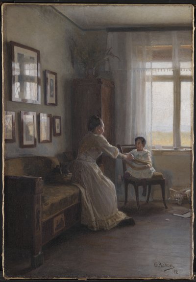 Interior com a esposa e o filho do artista de Georg Achen