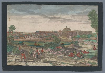 Vista da cidade no Palácio de Versalhes Face do palácio e parte da cidade de Versalhes (título no objeto) de Georg Balthasar Probst (possibly)