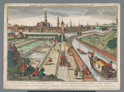 Vista do Canal de Amsterdão em Haarlem
Canal zu Harlem, wo die Threckschuijten nach Amsterdam ab und zu gehen (título sobre o objecto)
Haarlem (título da série) de Georg Balthasar Probst