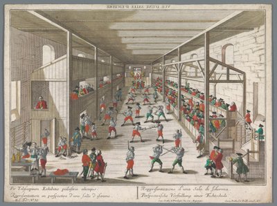 Vista de uma escola de esgrima Perspectivische Vorstellung einer Fechtschule (título no objeto) Escolas de Torneio e Esgrima (título da série) de Georg Balthasar Probst