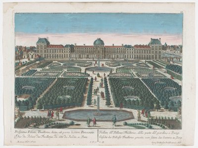 Vista do Palais des Tuileries em Paris vista do Jardin des Tuileries
Gesicht des Pallasts Thuilleries genannt, von seiten des Gartens zu Paris (título sobre o objecto)
Paris (título da série) de Georg Balthasar Probst