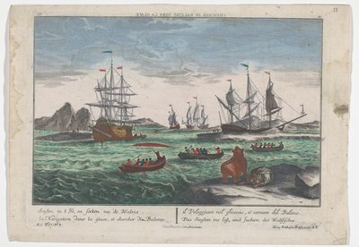 Vista da pesquisa de baleias
Das Seeglen ins Eiß, und Suchen des Wallfisches (título sobre o objecto)
Baleeira ao largo da Gronelândia (título da série) de Georg Balthasar Probst