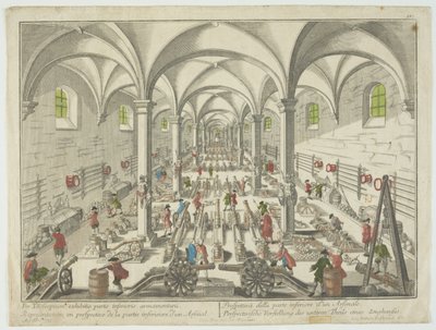 Per telecopium exhibitio partis inferioris armamentarii, Representação em perspectiva de la partie inferieure d&39;un arsenal, c.1750 (gravura colorida à mão) de Georg Balthasar Probst