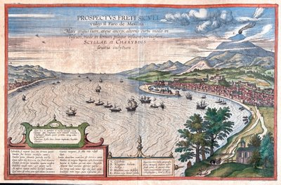 Messina (o Faraó) - Scilla e Cariddi, Sicília, Itália - em "Civitates Orbis Terrarum" de Georg Braun, Colónia 1617 de Georg Braun