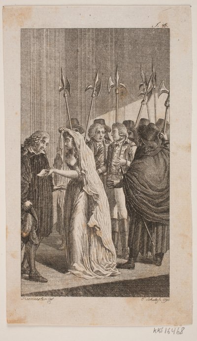 Ilustração de uma jovem dando uma carta a um homem idoso. Ao fundo dois senhores cercados por guardas municipais de Georg Christian Schule