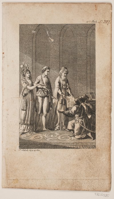 Ilustração com um jovem casal com um oriental e três soldados turcos ajoelhados de Georg Christian Schule