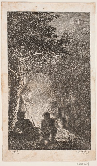 Ilustração com figuras ao redor de uma fogueira de Georg Christian Schule