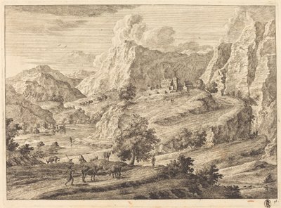 Paisagem montanhosa com figuras e um mosteiro de Georg Eisenmann