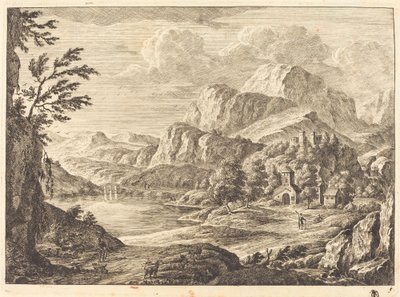 Paisagem montanhosa com um castelo em ruínas e uma ponte em arco à distância de Georg Eisenmann