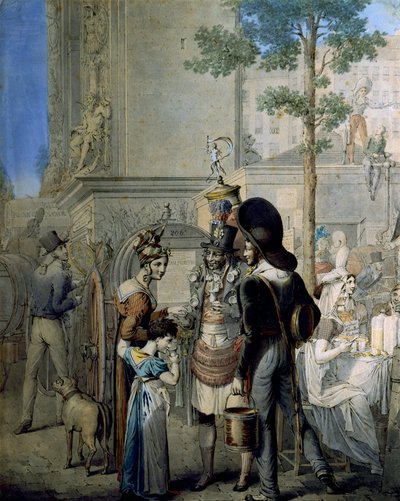 Comerciante de coco Porte Saint Denis em Paris. Velha loja comercial que vende copos de coco nas ruas de Paris. Desenho do alemão George Emanuel Opitz (1775-1841), Paris. Museu Carnavalet de Georg Emanuel Opitz