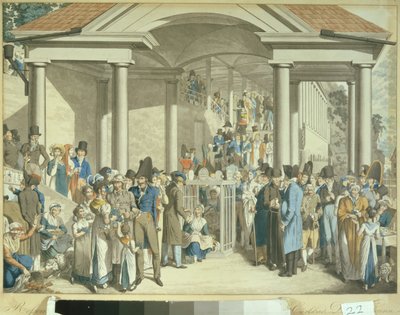 Comunidade de saúde na fonte de Karlsbader, 1810 (desenho aquatint) de Georg Emanuel Opitz