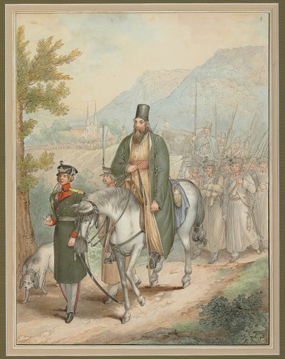 Soldados russos que acompanham um padre a cavalo, de Georg Emanuel Opitz