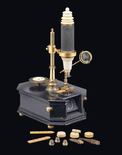 Microscópio do tipo caixa composta, c.1775 (madeira, metal e vidro) (ver também 1113960-1) de Georg Friedrich Brander