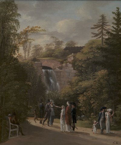 Dinamarquês: Vandfaldet i Frederiksberg Ter a cascata no jardim de Frederiksberg de Georg Friedrich Kersting