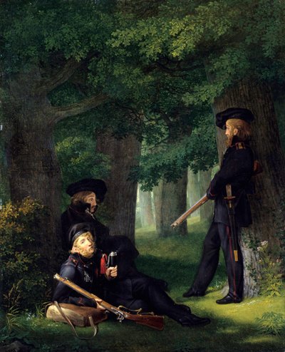 "Les avant-poste" (Portraits de Theodor Koerner (1791-1813, pote et militaire prussien), Karl Friedrich Friesen (1784-1814, educateur et franc tireur) et Heinrich Hartmann)Peinture de Georg Friedrich Kersting (1785-1847) 1815 Dim 46x35 cm de Georg Friedrich Kersting