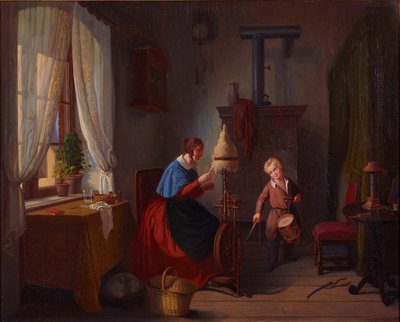 Mulher na roda de fiar e menino do tambor com sabre de Georg Friedrich Kersting