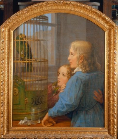 Dois filhos, frente, um, papagaio, agricultor de Georg Friedrich Kersting