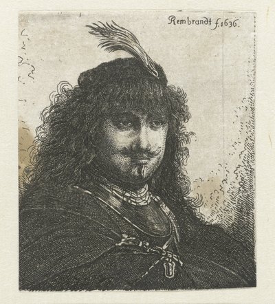 Auto-retrato (?) com gorro emplumado e sabre rebaixado de Georg Leopold Hertel