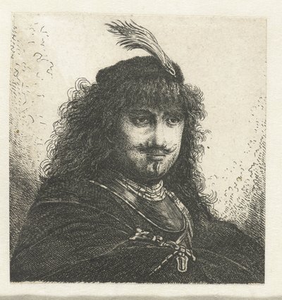 Auto-retrato (?) com gorro emplumado e sabre rebaixado de Georg Leopold Hertel